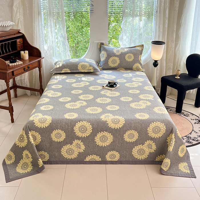 91家纺网 家纺一手货源 找家纺 yyds网供 2025新款A类色织全棉三层纱布床盖三件套喷气夹棉盖毯夏被厚床单多功能榻榻米风格二 暖阳灰黄