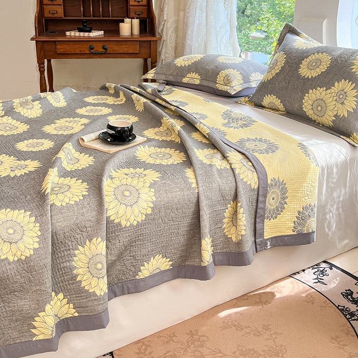 91家纺网 家纺一手货源 找家纺 yyds网供 2025新款A类色织全棉三层纱布床盖三件套喷气夹棉盖毯夏被厚床单多功能榻榻米风格二 暖阳灰黄