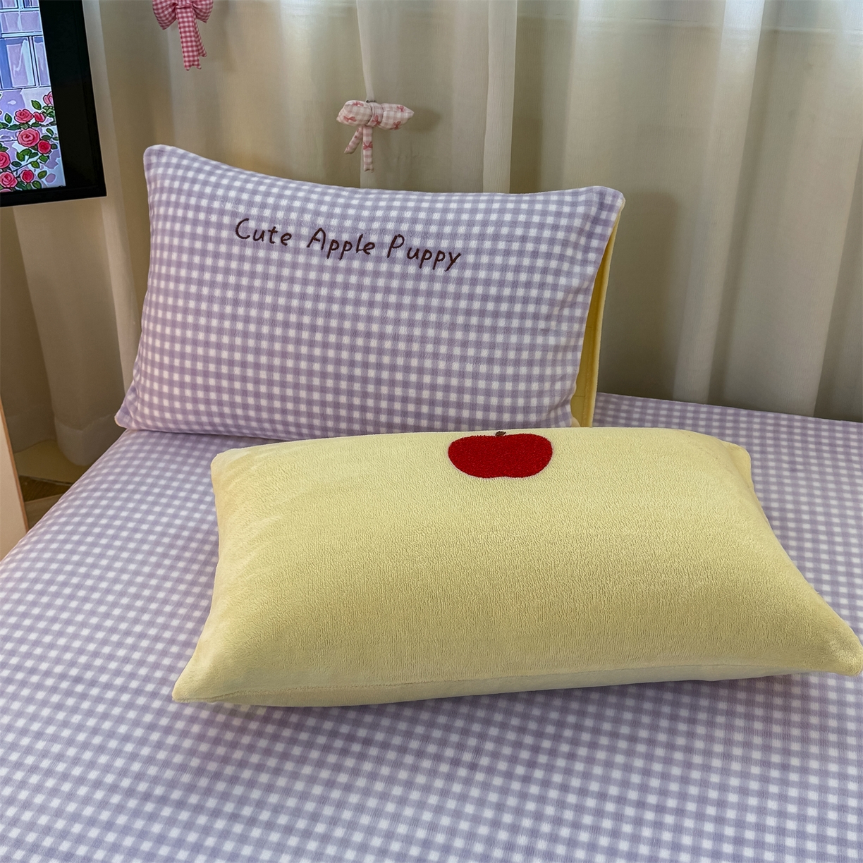 91家纺网 家纺一手货源 找家纺 灰鲸 2025新款高克重牛奶绒毛巾绣床笠单床笠单品床笠床笠单件 紫格苹果狗