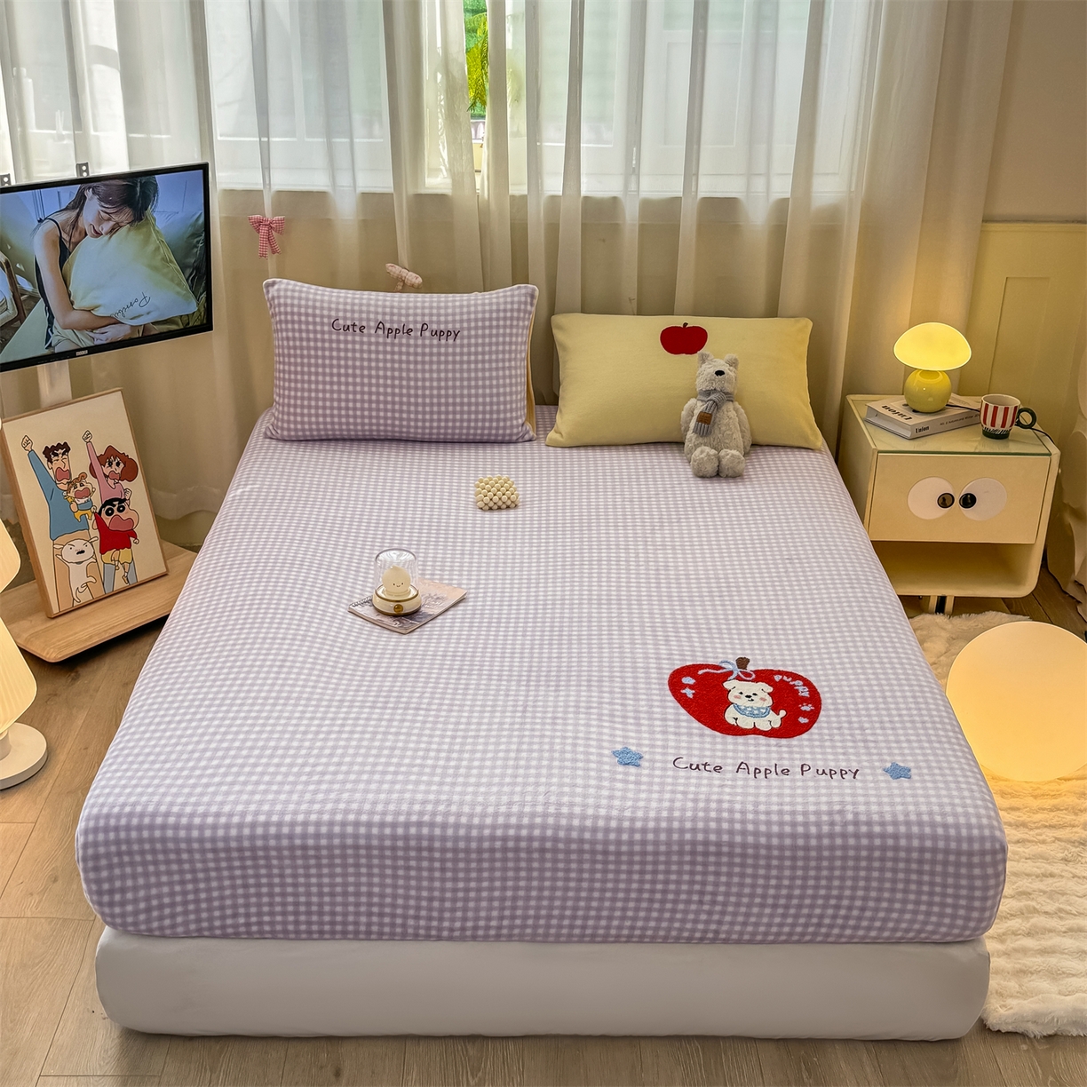 91家纺网 家纺一手货源 找家纺 灰鲸 2025新款高克重牛奶绒毛巾绣床笠单床笠单品床笠床笠单件 紫格苹果狗