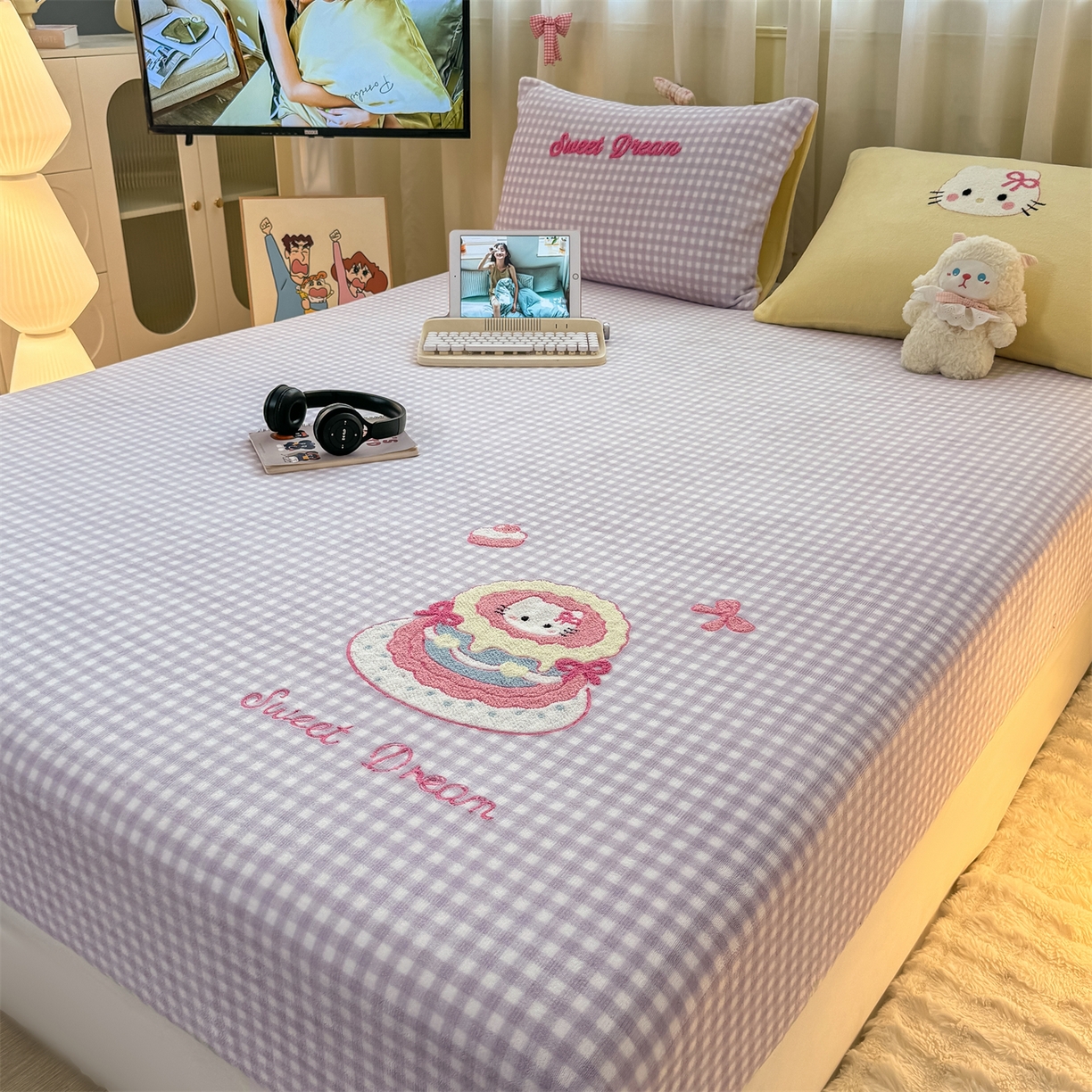 91家纺网 家纺一手货源 找家纺 灰鲸 2025新款高克重牛奶绒毛巾绣床笠单床笠单品床笠床笠单件 紫格蛋糕喵