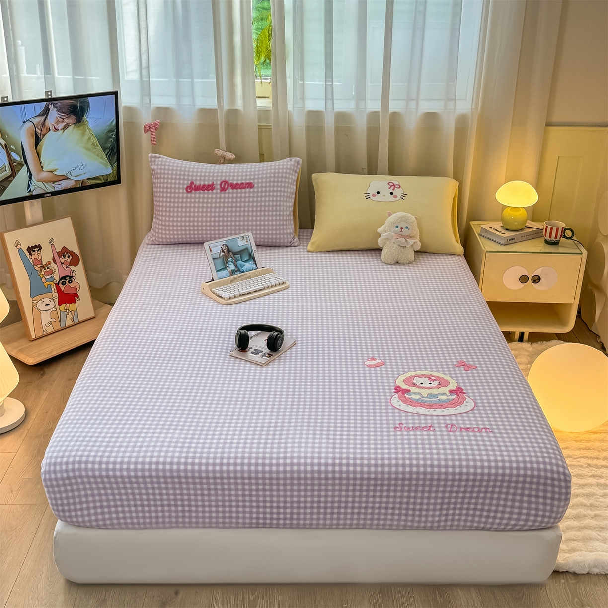 91家纺网 家纺一手货源 找家纺 灰鲸 2025新款高克重牛奶绒毛巾绣床笠单床笠单品床笠床笠单件 紫格蛋糕喵