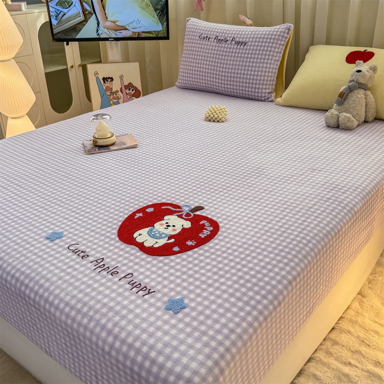 91家纺网 家纺一手货源 找家纺 灰鲸 2025新款高克重牛奶绒毛巾绣床笠单床笠单品床笠床笠单件 紫格苹果狗