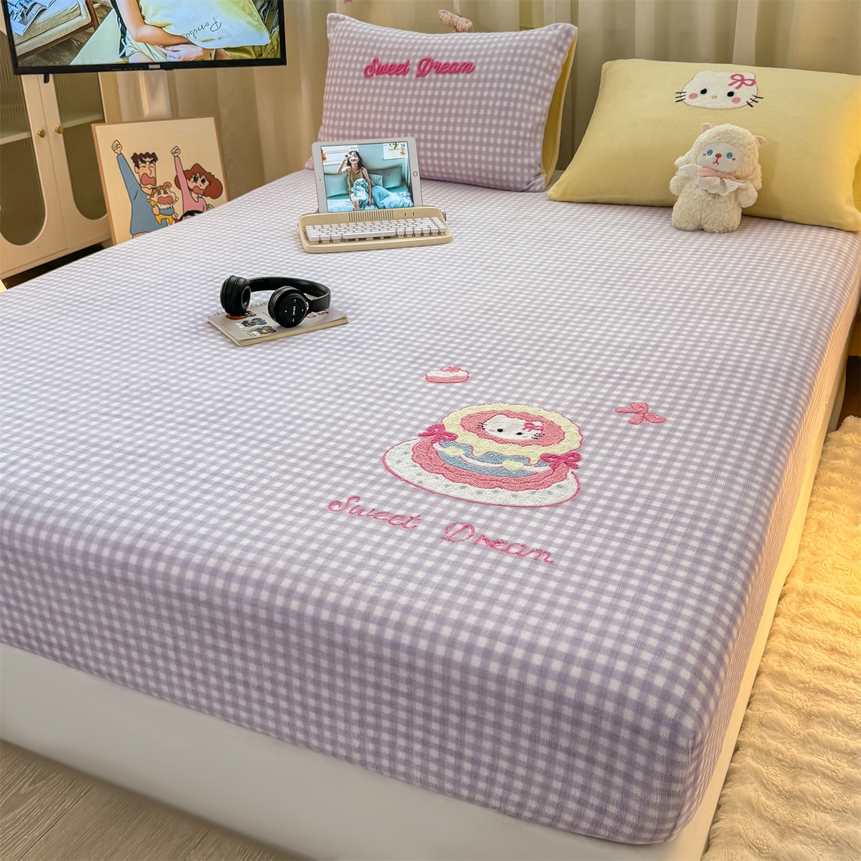 91家纺网 家纺一手货源 找家纺 灰鲸 2025新款高克重牛奶绒毛巾绣床笠单床笠单品床笠床笠单件 紫格蛋糕喵