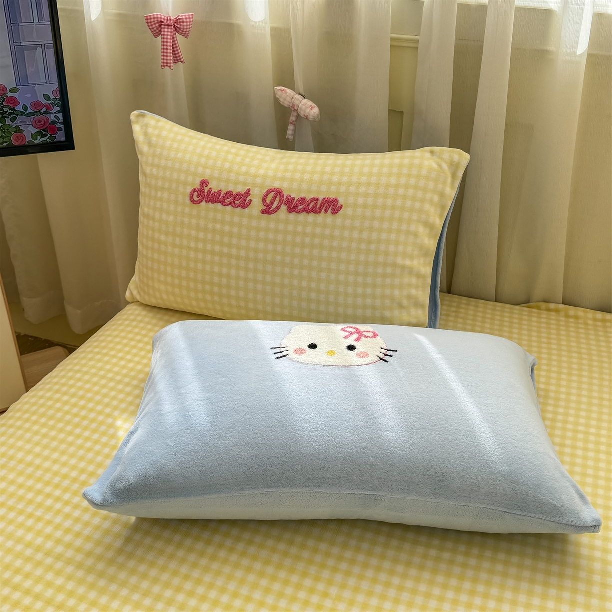 91家纺网 家纺一手货源 找家纺 灰鲸 2025新款高克重牛奶绒毛巾绣床笠单床笠单品床笠床笠单件 黄格蛋糕喵