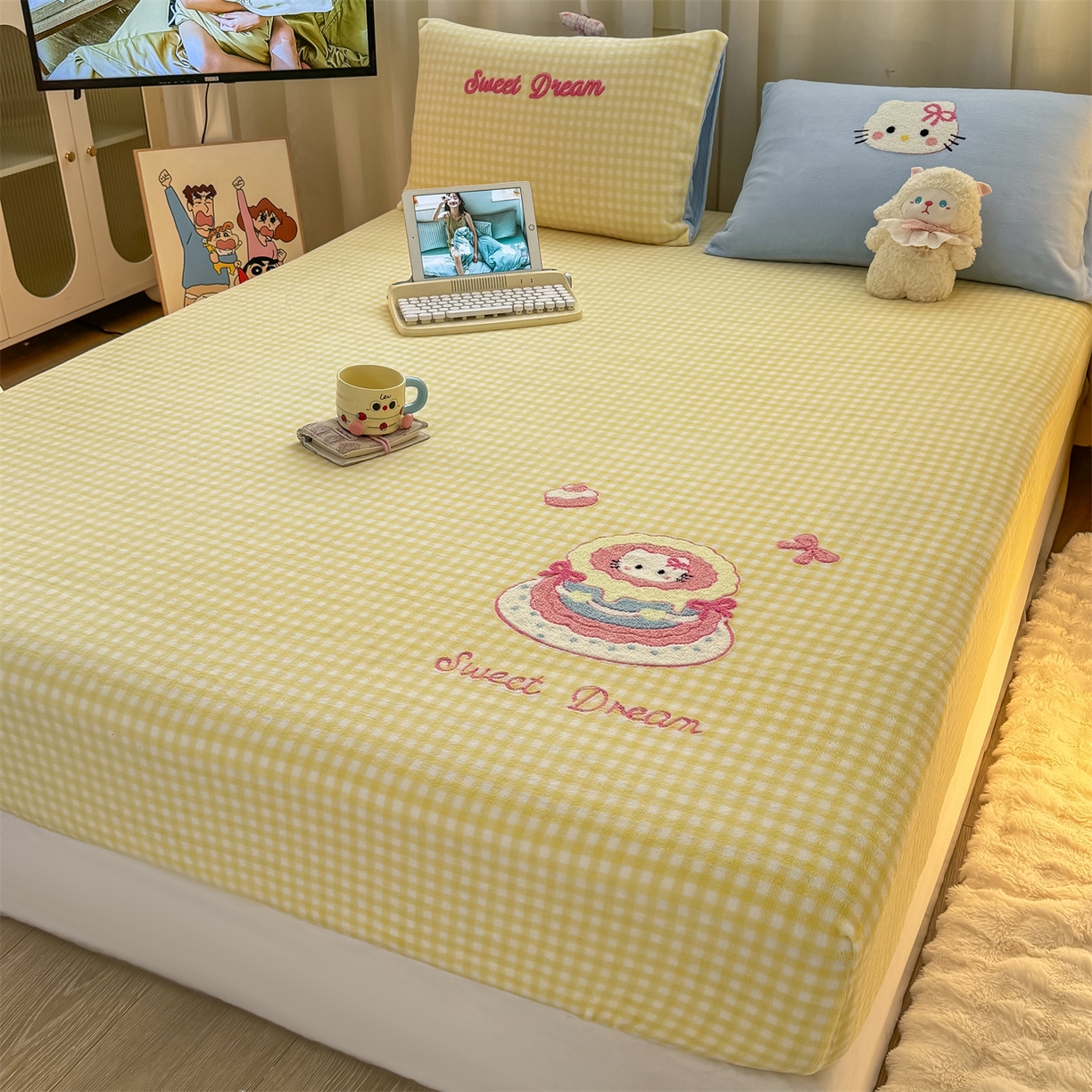 91家纺网 家纺一手货源 找家纺 灰鲸 2025新款高克重牛奶绒毛巾绣床笠单床笠单品床笠床笠单件 黄格蛋糕喵