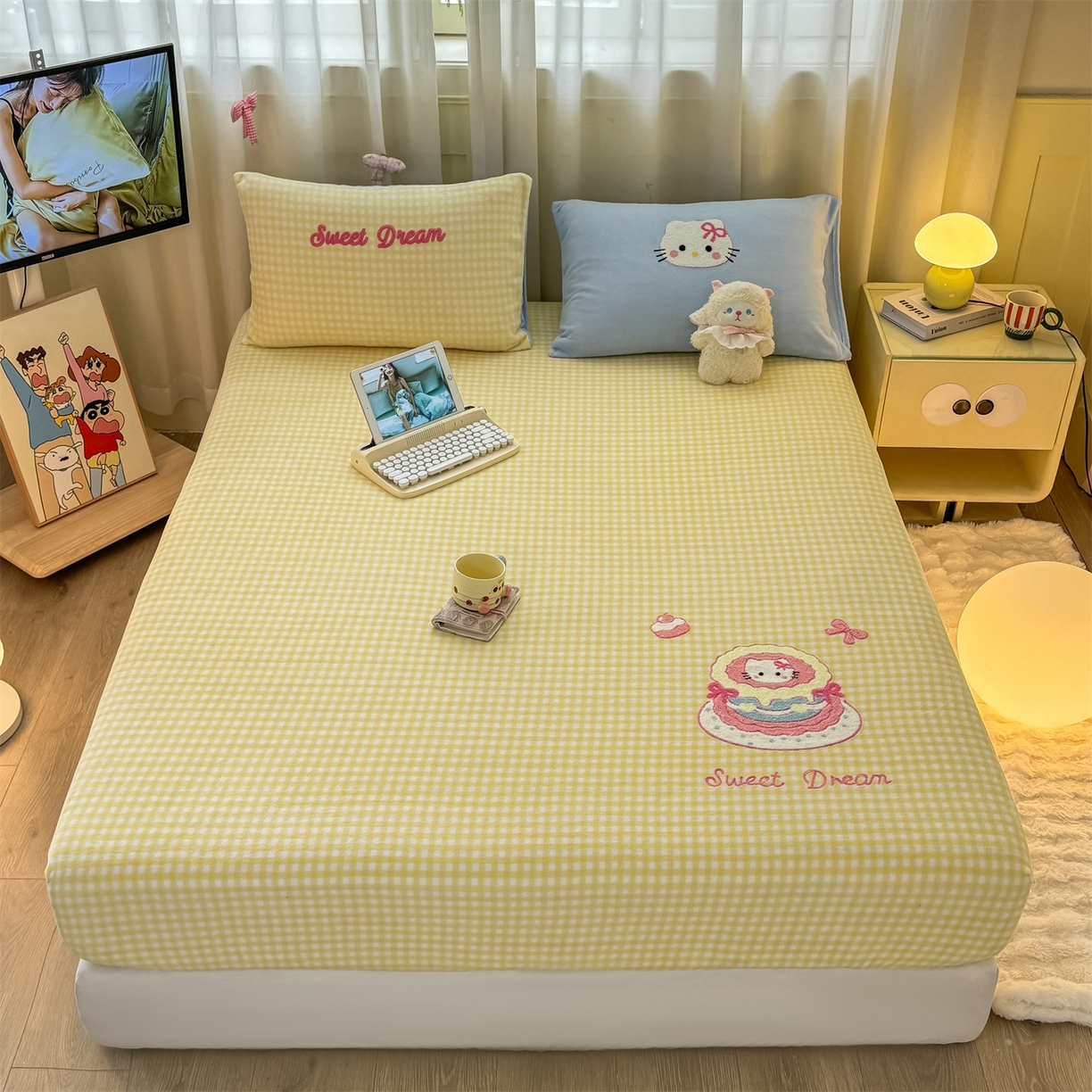 91家纺网 家纺一手货源 找家纺 灰鲸 2025新款高克重牛奶绒毛巾绣床笠单床笠单品床笠床笠单件 黄格蛋糕喵