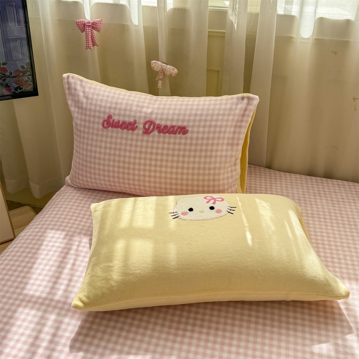 91家纺网 家纺一手货源 找家纺 灰鲸 2025新款高克重牛奶绒毛巾绣床笠单床笠单品床笠床笠单件 粉格蛋糕喵