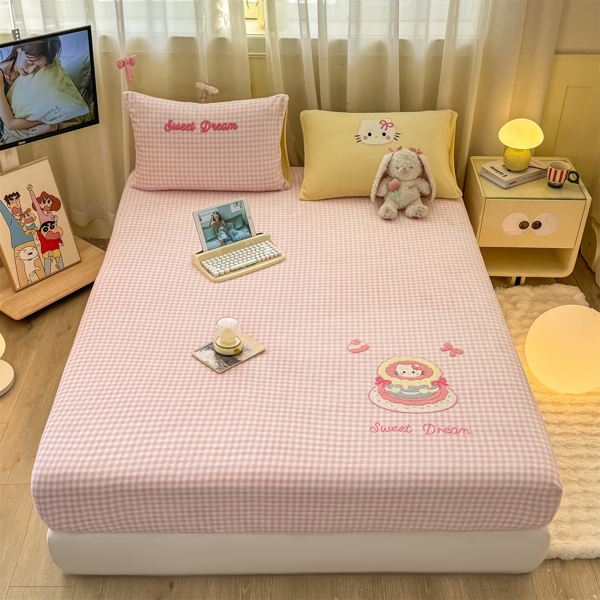 91家纺网 家纺一手货源 找家纺 灰鲸 2025新款高克重牛奶绒毛巾绣床笠单床笠单品床笠床笠单件 粉格蛋糕喵