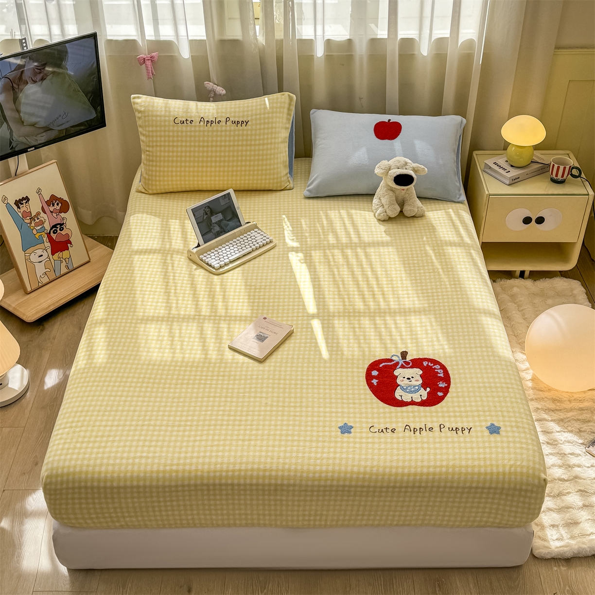 91家纺网 家纺一手货源 找家纺 灰鲸 2025新款高克重牛奶绒毛巾绣床笠单床笠单品床笠床笠单件 黄格苹果狗