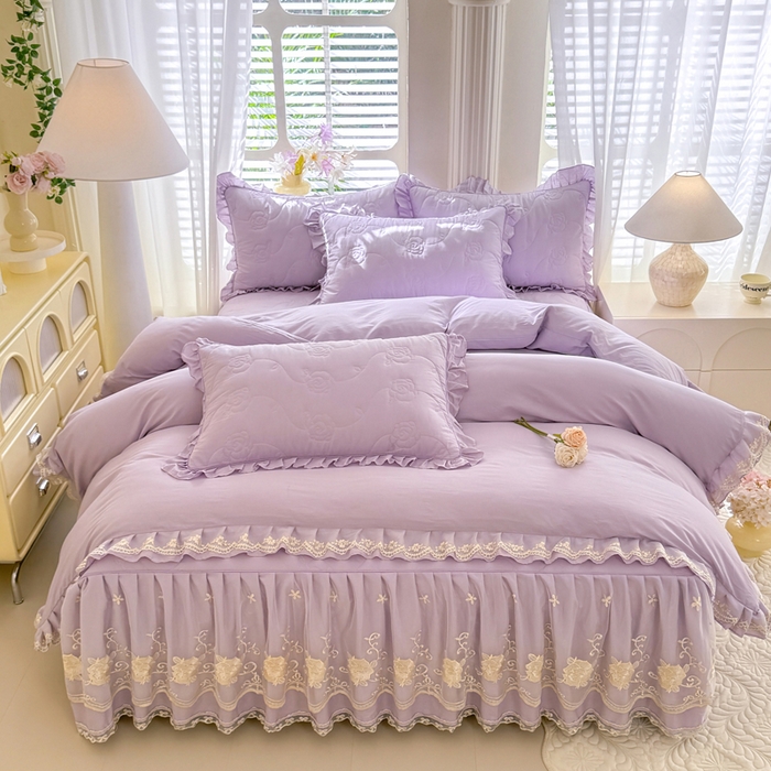 91家纺网 家纺一手货源 找家纺 美达家纺 2025新款玫瑰系列全棉夹棉床裙 玫瑰-紫色