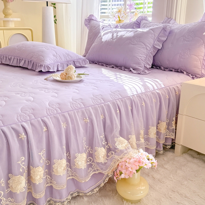 91家纺网 家纺一手货源 找家纺 美达家纺 2025新款玫瑰系列全棉夹棉床裙 玫瑰-紫色