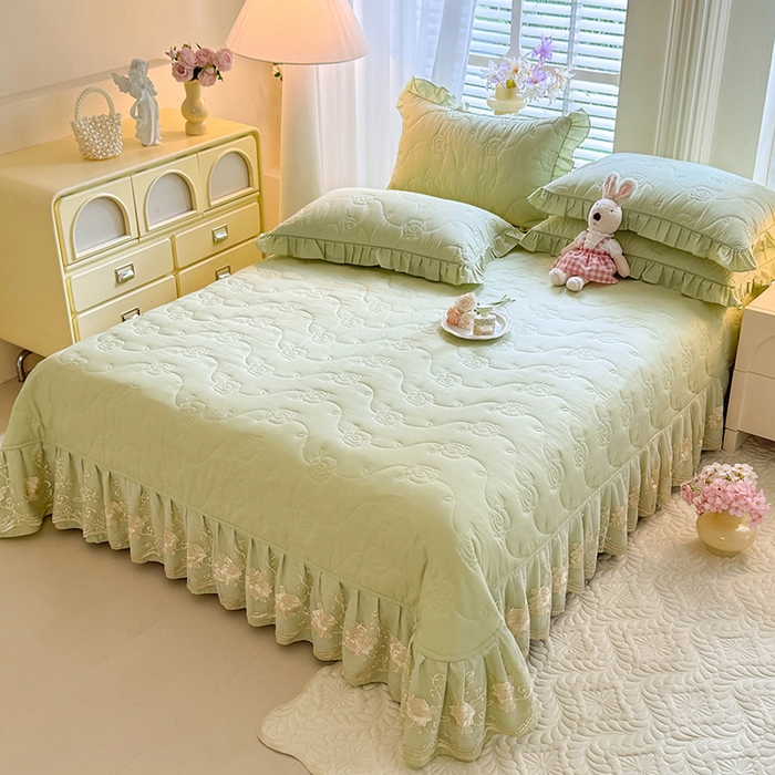 91家纺网 家纺一手货源 找家纺 美达家纺 2025新款玫瑰系列全棉夹棉床盖四件套 玫瑰-嫩绿