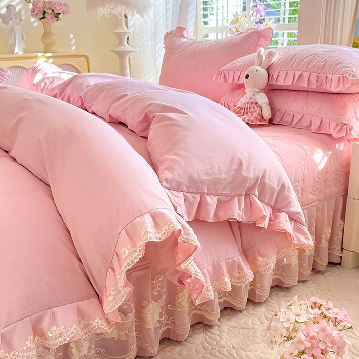 91家纺网 家纺一手货源 找家纺 美达家纺 2025新款玫瑰系列全棉夹棉床盖四件套 玫瑰-浅玉