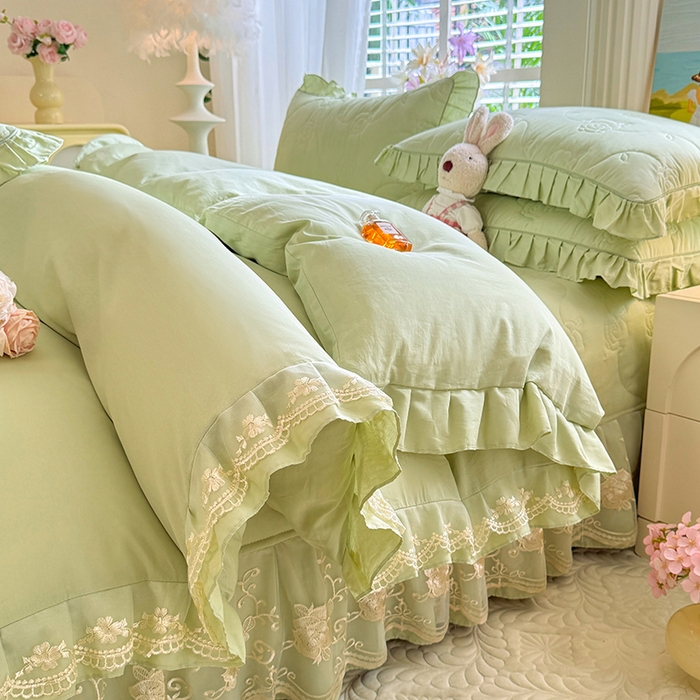 91家纺网 家纺一手货源 找家纺 美达家纺 2025新款玫瑰系列全棉夹棉床盖四件套 玫瑰-嫩绿