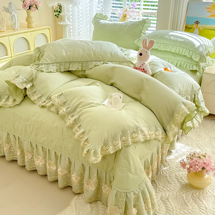 91家纺网 家纺一手货源 找家纺 美达家纺 2025新款玫瑰系列全棉夹棉床盖四件套 玫瑰-嫩绿