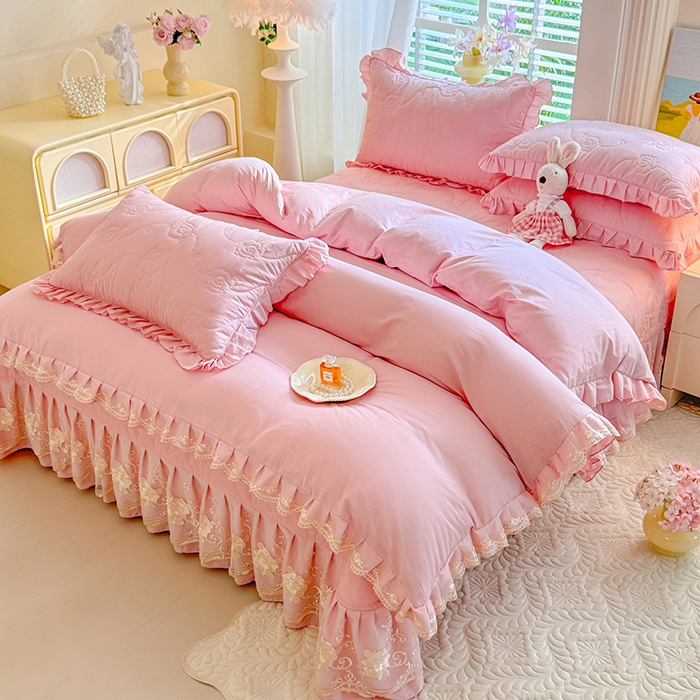 91家纺网 家纺一手货源 找家纺 美达家纺 2025新款玫瑰系列全棉夹棉床盖四件套 玫瑰-浅玉