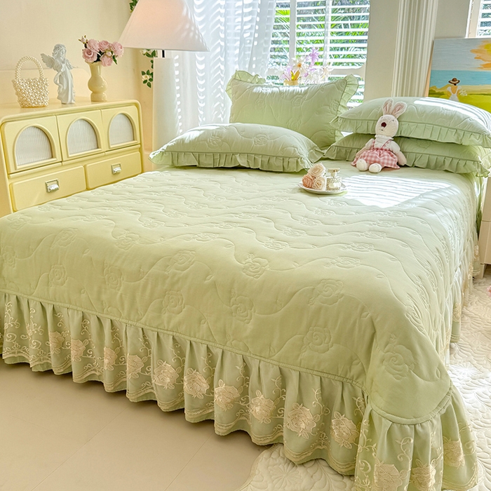 91家纺网 家纺一手货源 找家纺 美达家纺 2025新款玫瑰系列全棉夹棉床盖四件套 玫瑰-嫩绿