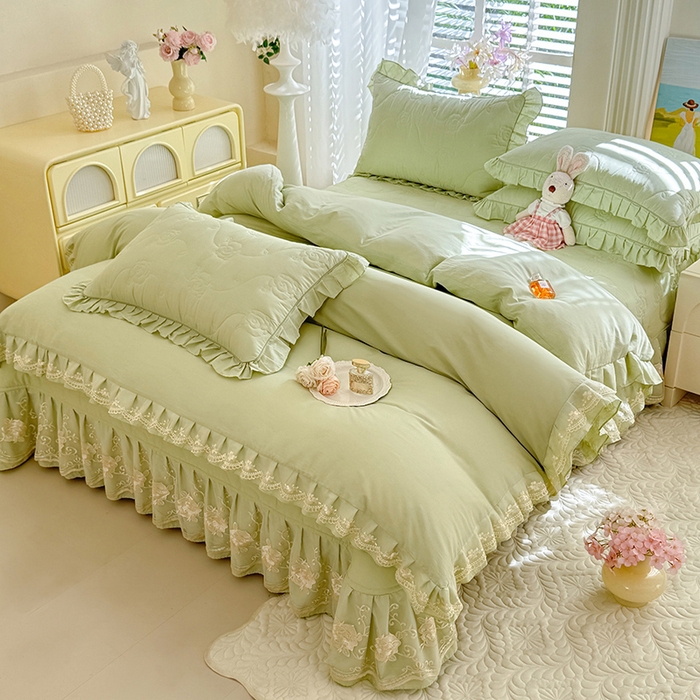 91家纺网 家纺一手货源 找家纺 美达家纺 2025新款玫瑰系列全棉夹棉床盖四件套 玫瑰-嫩绿