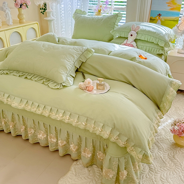 91家纺网 家纺一手货源 找家纺 美达家纺 2025新款玫瑰系列全棉夹棉床盖四件套 玫瑰-嫩绿