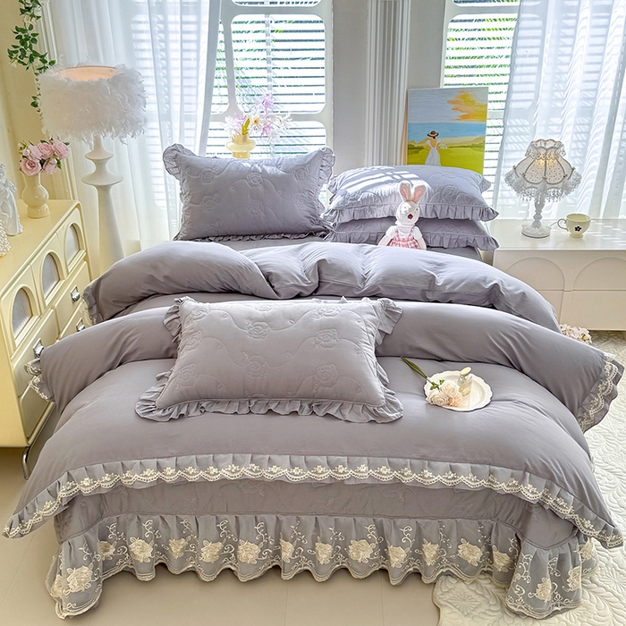 美达家纺 2025新款玫瑰系列全棉夹棉床盖四件套 （可一件定制特殊尺寸） 玫瑰-浅灰