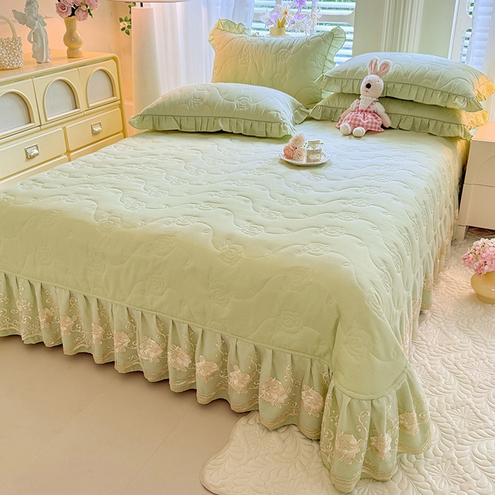 91家纺网 家纺一手货源 找家纺 美达家纺 2025新款玫瑰系列全棉夹棉床盖四件套 玫瑰-嫩绿