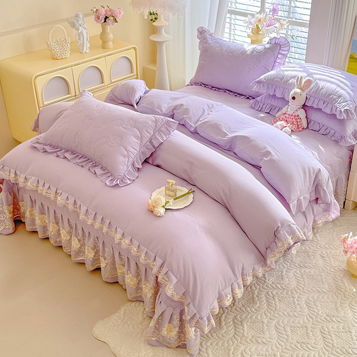 91家纺网 家纺一手货源 找家纺 美达家纺 2025新款玫瑰系列全棉夹棉床盖四件套 玫瑰-紫色