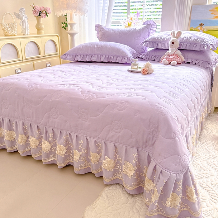 91家纺网 家纺一手货源 找家纺 美达家纺 2025新款玫瑰系列全棉夹棉床盖四件套 玫瑰-紫色