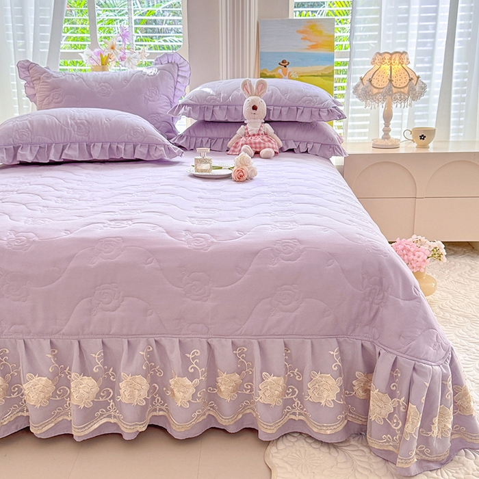 91家纺网 家纺一手货源 找家纺 美达家纺 2025新款玫瑰系列全棉夹棉床盖四件套 玫瑰-紫色