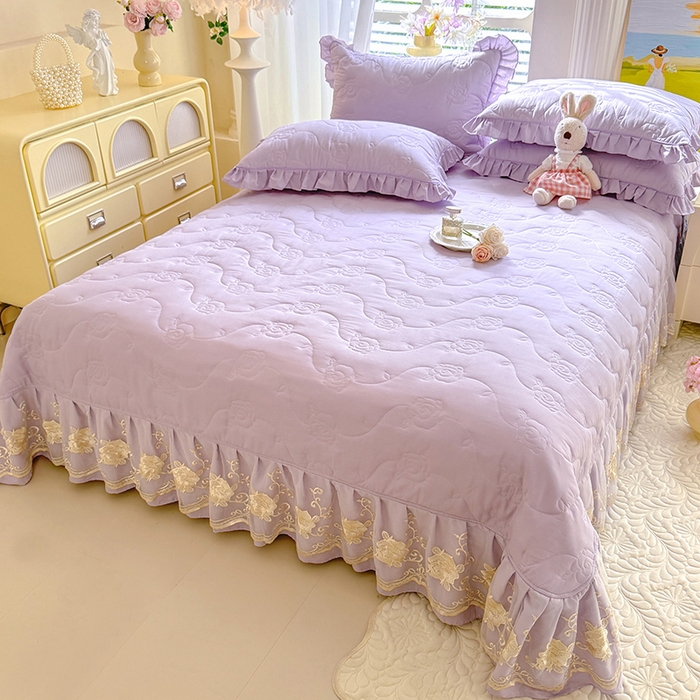 91家纺网 家纺一手货源 找家纺 美达家纺 2025新款玫瑰系列全棉夹棉床盖四件套 玫瑰-紫色