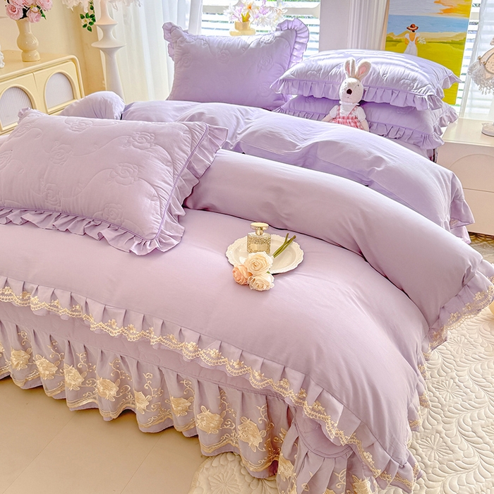 91家纺网 家纺一手货源 找家纺 美达家纺 2025新款玫瑰系列全棉夹棉床盖四件套 玫瑰-紫色