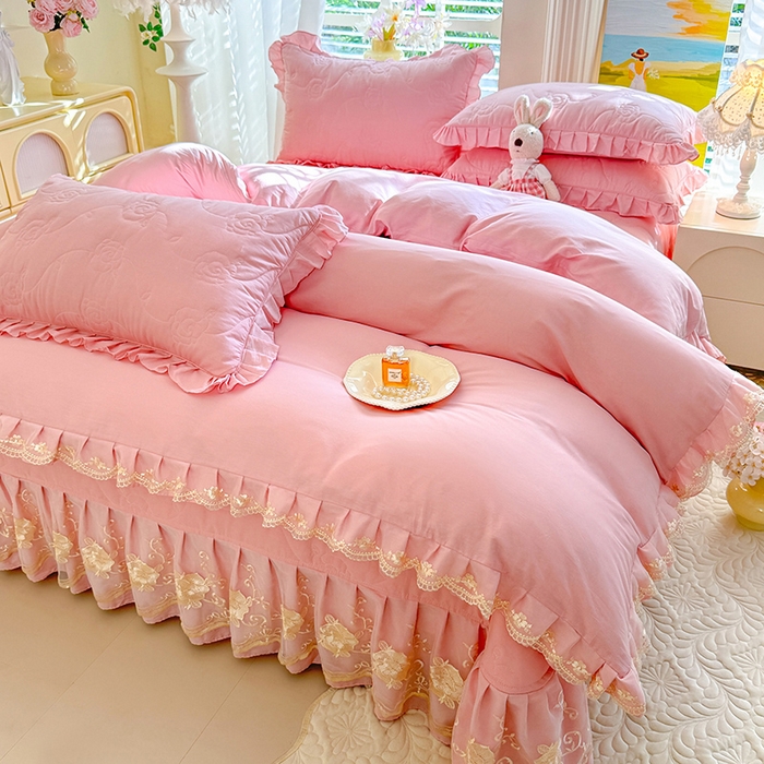 91家纺网 家纺一手货源 找家纺 美达家纺 2025新款玫瑰系列全棉夹棉床盖四件套 玫瑰-浅玉