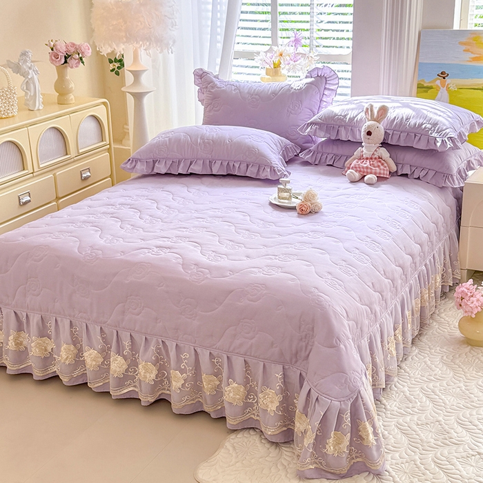 91家纺网 家纺一手货源 找家纺 美达家纺 2025新款玫瑰系列全棉夹棉床盖四件套 玫瑰-紫色