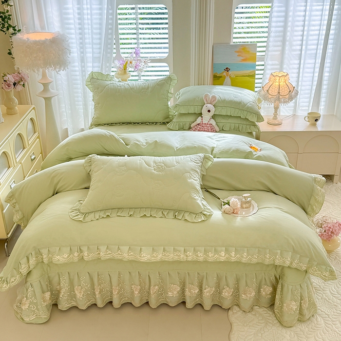 美达家纺 2025新款玫瑰系列全棉夹棉床盖四件套 （可一件定制特殊尺寸） 玫瑰-嫩绿