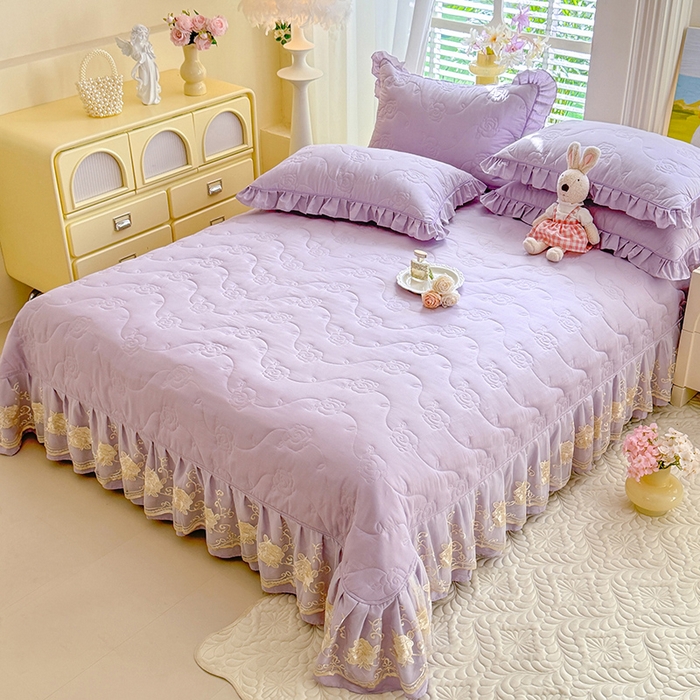 91家纺网 家纺一手货源 找家纺 美达家纺 2025新款玫瑰系列全棉夹棉床盖四件套 玫瑰-紫色