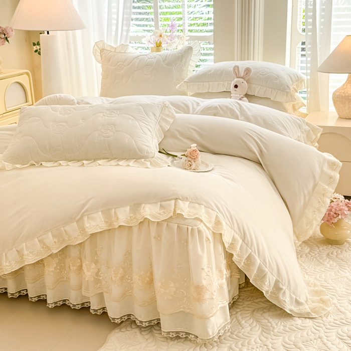 91家纺网 家纺一手货源 找家纺 （总）美达家纺 2025新款玫瑰系列全棉夹棉床裙四件套