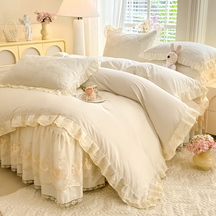 91家纺网 家纺一手货源 找家纺 （总）美达家纺 2025新款玫瑰系列全棉夹棉床裙四件套