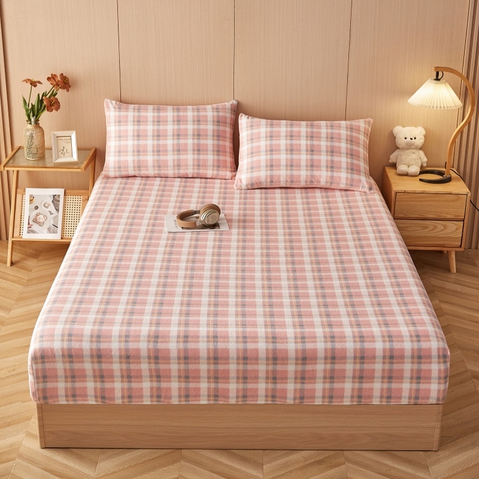 91家纺网 家纺一手货源 找家纺 一禾 2025新款简约印花高克重牛奶绒床笠 简兮粉