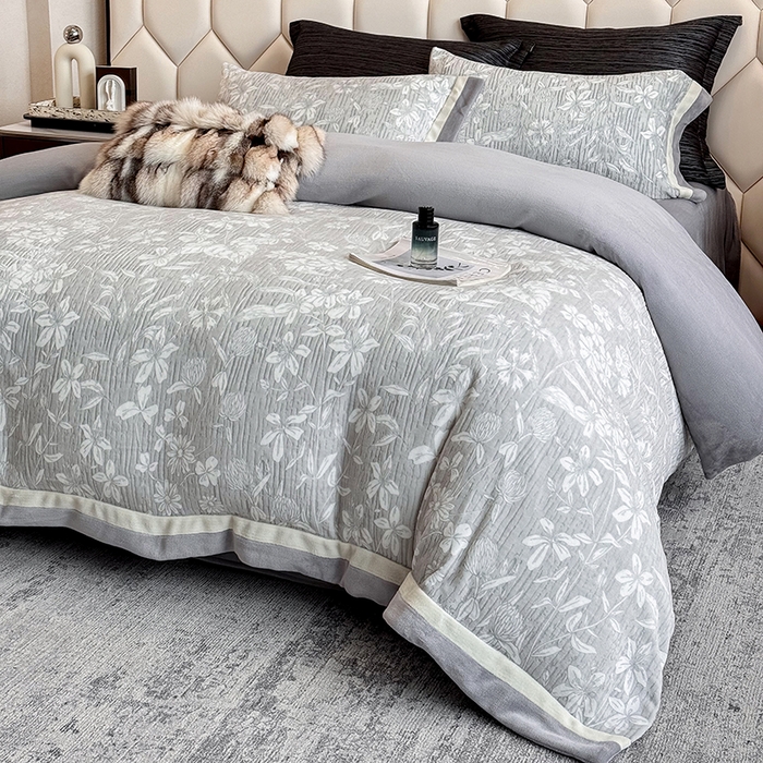 91家纺网 家纺一手货源 找家纺 若未家居 LOVEWE HOUSE 2025新款220高克重牛奶绒色烂双拼四件套 花音灰