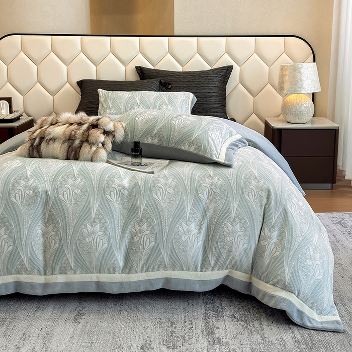 91家纺网 家纺一手货源 找家纺 若未家居 LOVEWE HOUSE 2025新款220高克重牛奶绒色烂双拼四件套 流年花束 蓝灰