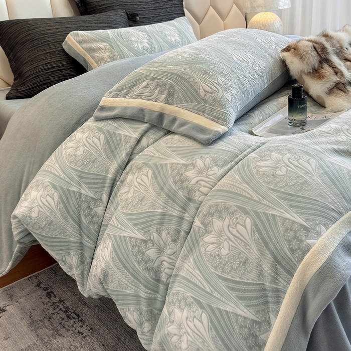 91家纺网 家纺一手货源 找家纺 若未家居 LOVEWE HOUSE 2025新款220高克重牛奶绒色烂双拼四件套 流年花束 蓝灰