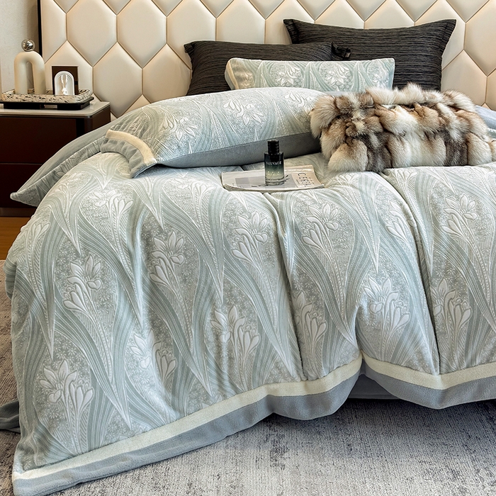 91家纺网 家纺一手货源 找家纺 若未家居 LOVEWE HOUSE 2025新款220高克重牛奶绒色烂双拼四件套 流年花束 蓝灰