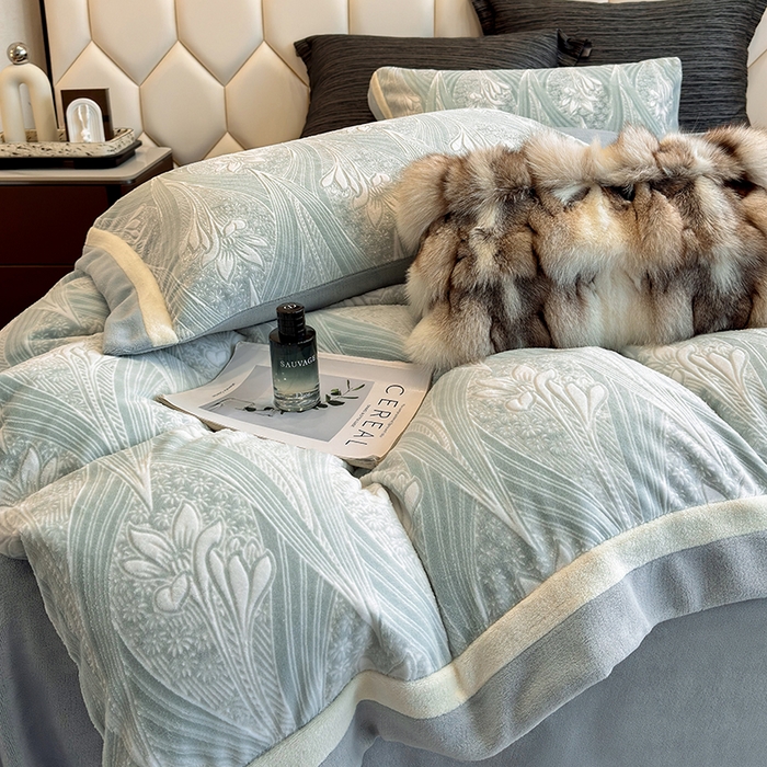 91家纺网 家纺一手货源 找家纺 若未家居 LOVEWE HOUSE 2025新款220高克重牛奶绒色烂双拼四件套 流年花束 蓝灰