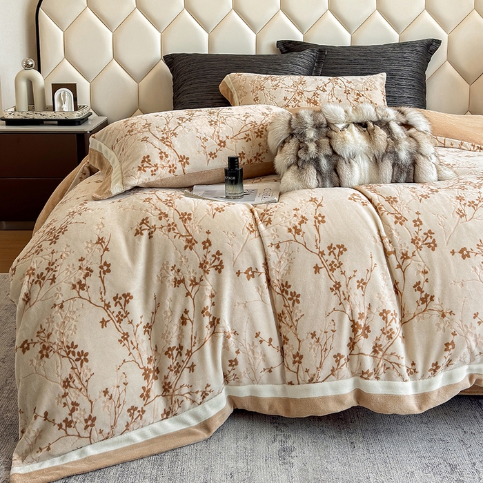 91家纺网 家纺一手货源 找家纺 若未家居 LOVEWE HOUSE 2025新款220高克重牛奶绒色烂双拼四件套 山茶花语 咖