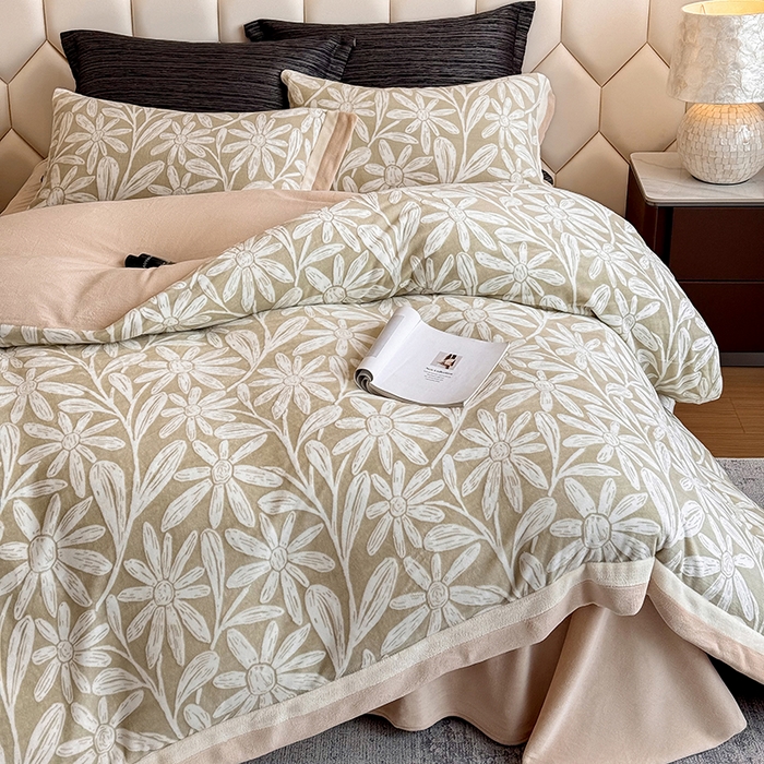 91家纺网 家纺一手货源 找家纺 若未家居 LOVEWE HOUSE 2025新款220高克重牛奶绒色烂双拼四件套 向阳花