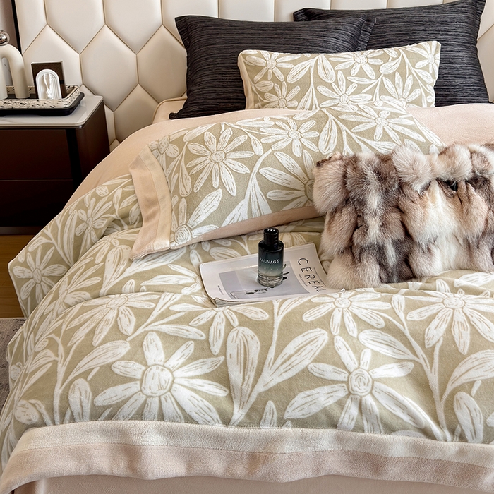 91家纺网 家纺一手货源 找家纺 若未家居 LOVEWE HOUSE 2025新款220高克重牛奶绒色烂双拼四件套 向阳花