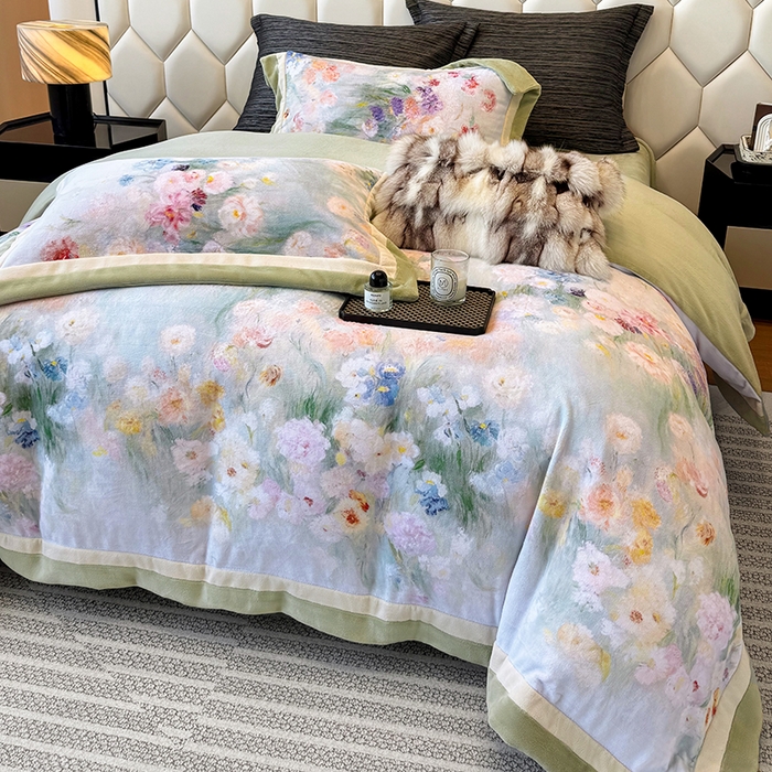 91家纺网 家纺一手货源 找家纺 若未家居 LOVEWE HOUSE 2025新款250克全消光数码印花牛奶绒双拼角四件套 朝花夕拾-绿