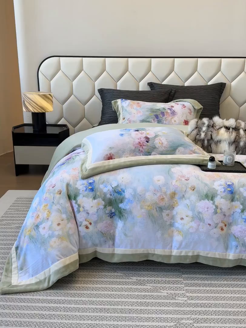 91家纺网 家纺一手货源 找家纺 若未家居 LOVEWE HOUSE 2025新款250克全消光数码印花牛奶绒双拼角四件套 朝花夕拾-绿