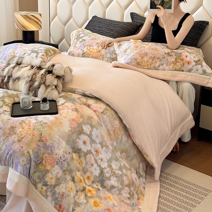 91家纺网 家纺一手货源 找家纺 若未家居 LOVEWE HOUSE 2025新款250克全消光数码印花牛奶绒双拼角四件套 一路繁花-粉