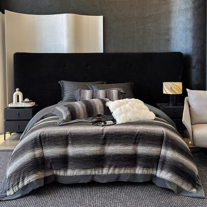 91家纺网 家纺一手货源 找家纺 若未家居 LOVEWE HOUSE 2025新款阿尔卑斯丹麦渐变山脉系风格貂四件套 雾面黑